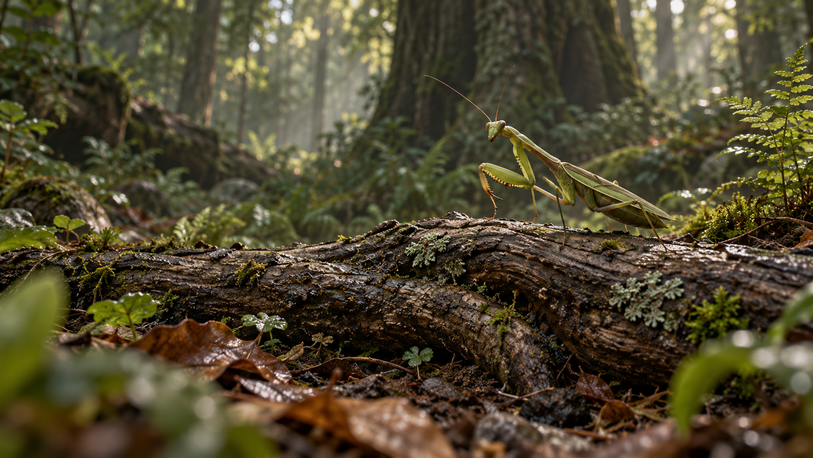 A green mantis on a forest root in WIV game concept art